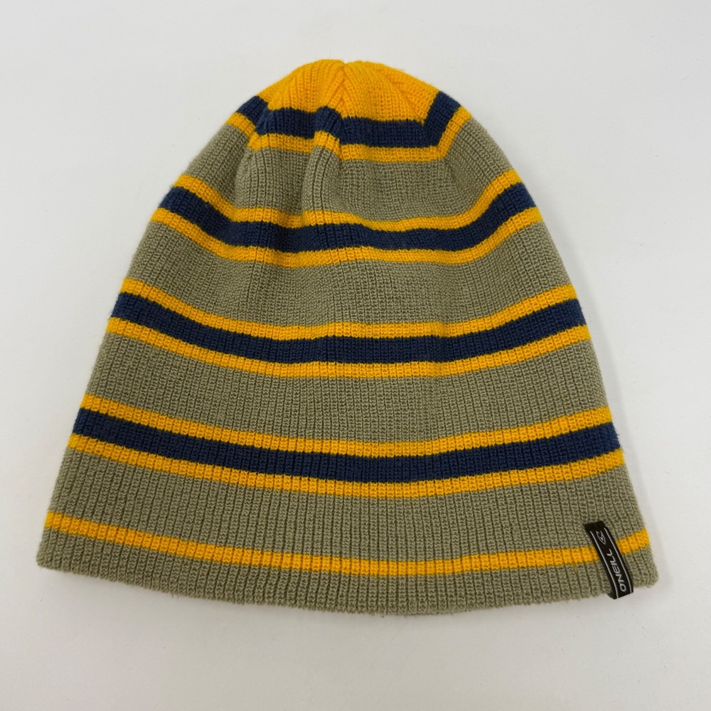 ONeill Reversible Knit Beanie Mens Striped Olive Green Blue Yellow Winter Hat